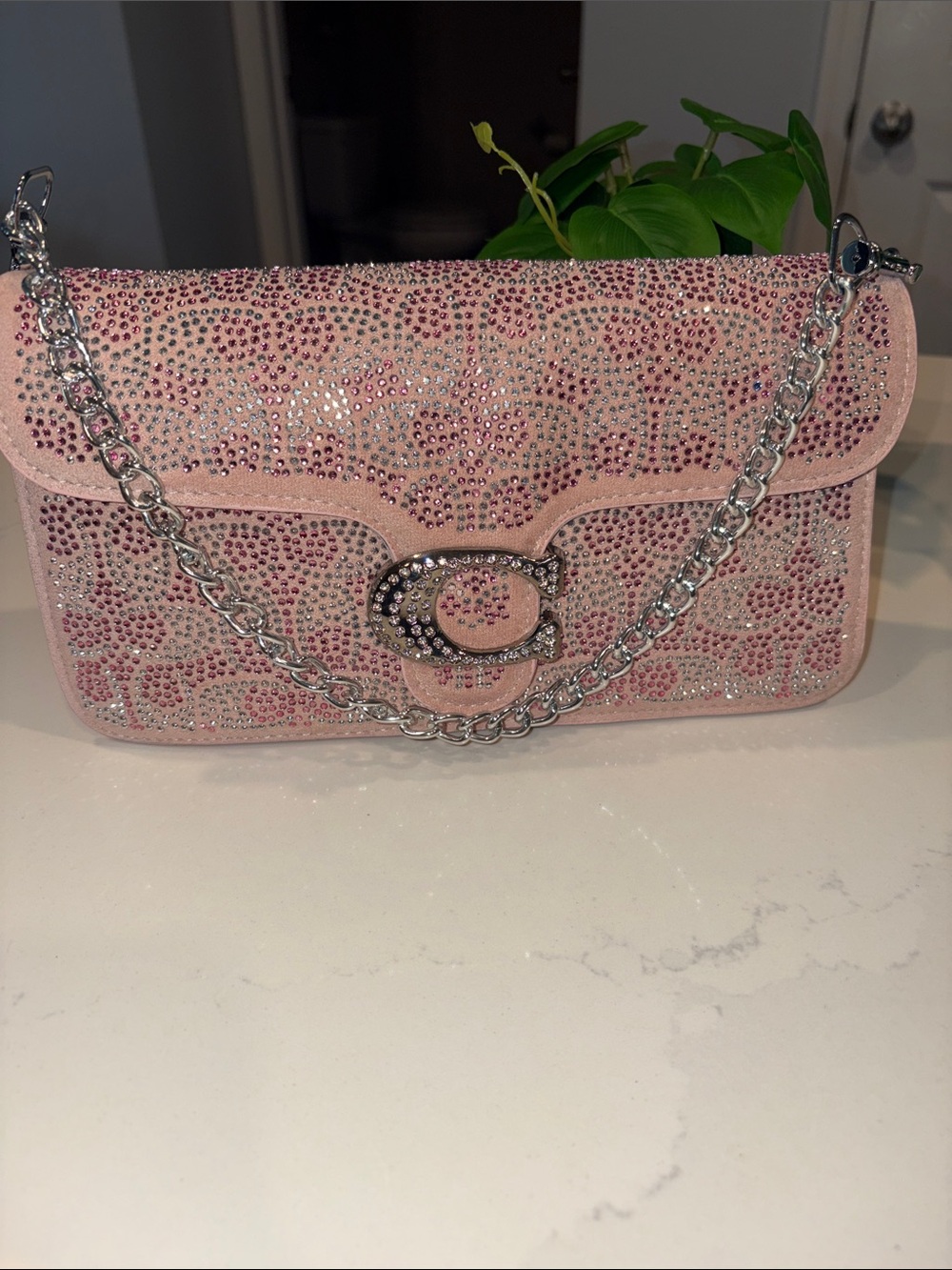 Coach Pink Crystal-Studded Chain Crossbody Bag